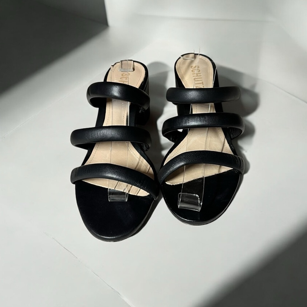 🌻NEW SCHUTZ Olly Black Leather Strappy Block Heel Sandals Size 7.5